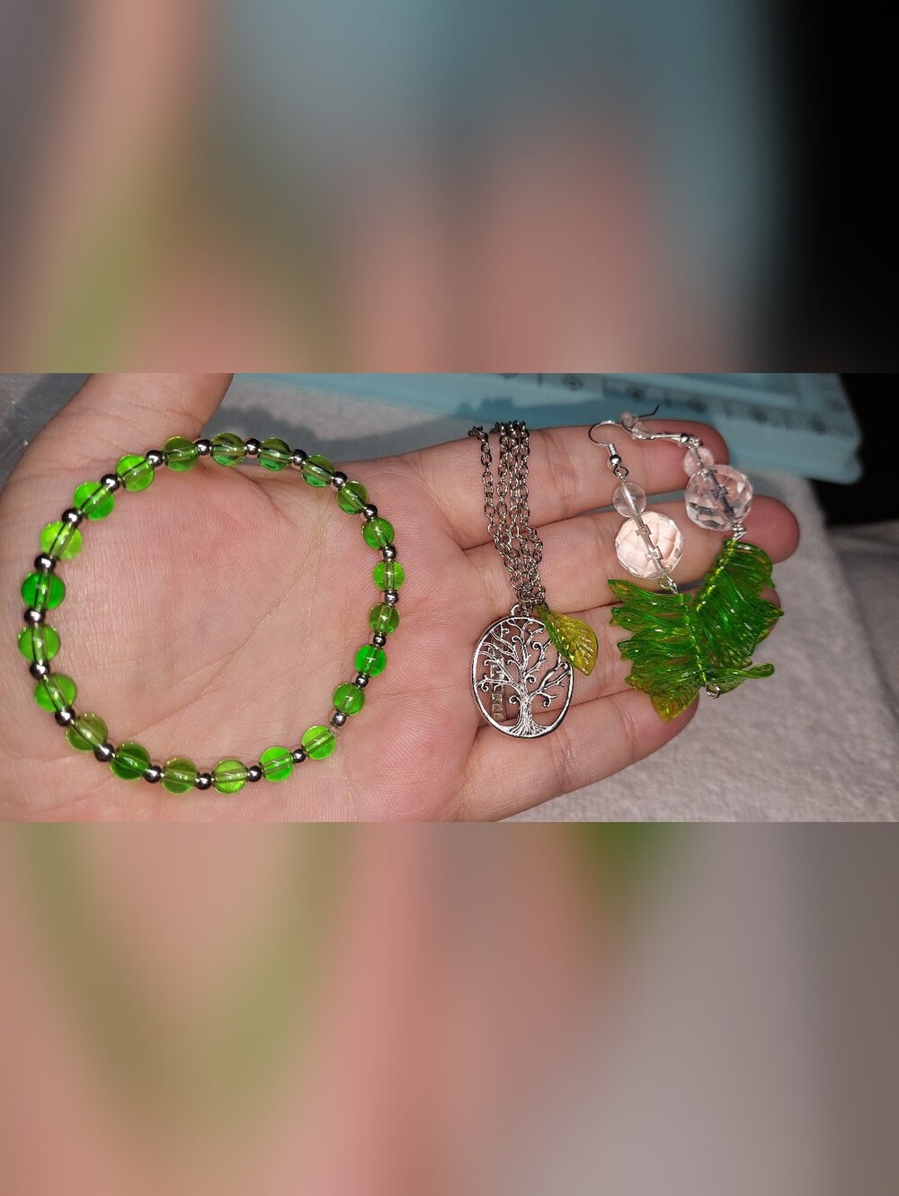 Green Glass Bead Bracelet and Tree of Life Necklace with Green Leaf Earrings